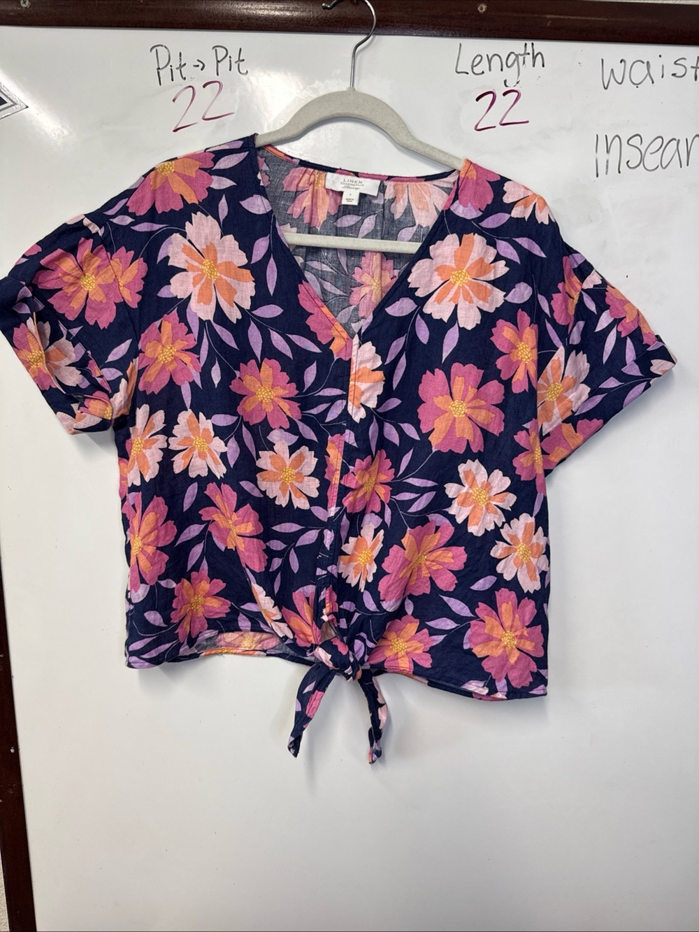 Charter Club linen Navy Floral Tie-Front V-Neck Top with Pink & Peach Blooms L